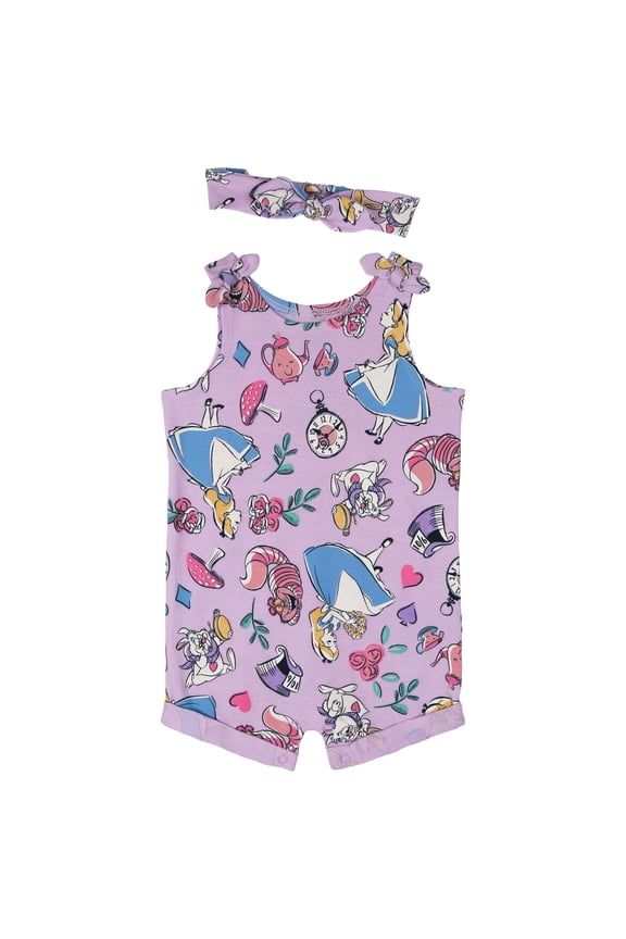 Alice in Wonderland Baby Girls' Sleeveless Romper and Headband Set Lavender