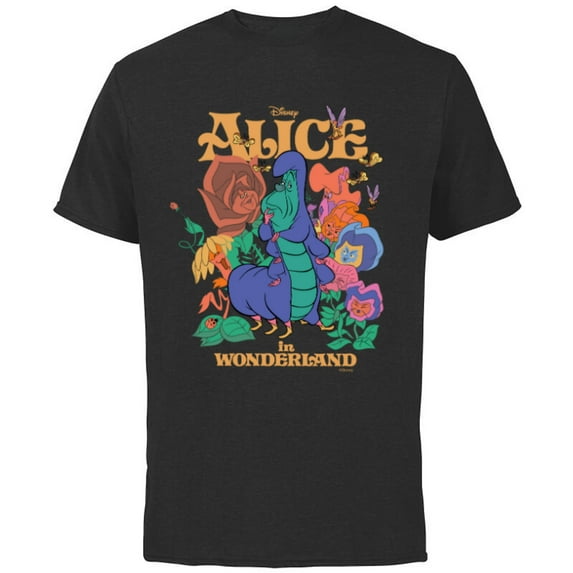 Disney Alice in Wonderland Caterpillar and Flowers Vintage - Short Sleeve Cotton T-Shirt for Adults - Customized-Black