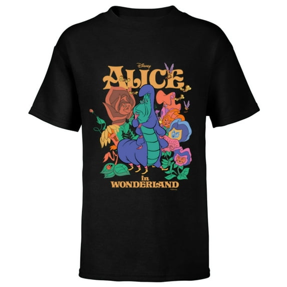 Disney Alice in Wonderland Caterpillar and Flowers Vintage - Short Sleeve T-Shirt for Kids - Customized-Black