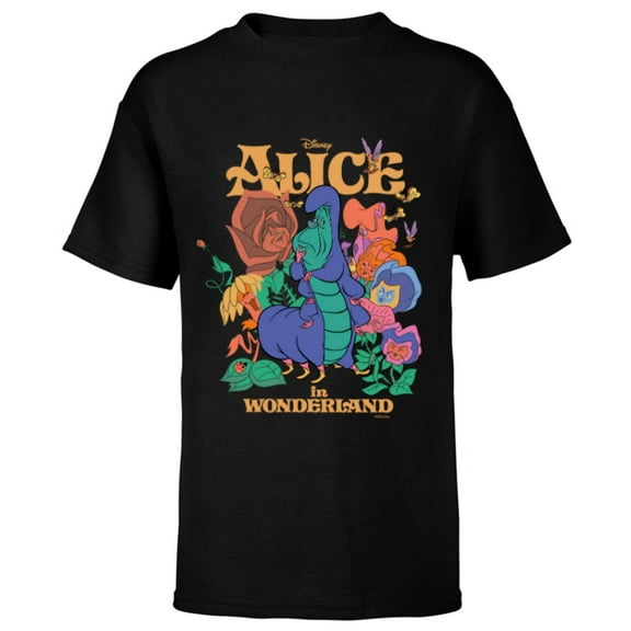 Disney Alice in Wonderland Caterpillar and Flowers Vintage - Short Sleeve T-Shirt for Kids - Customized-Black