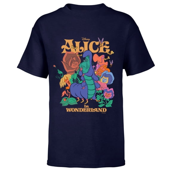 Disney Alice in Wonderland Caterpillar and Flowers Vintage - Short Sleeve T-Shirt for Kids - Customized-Navy