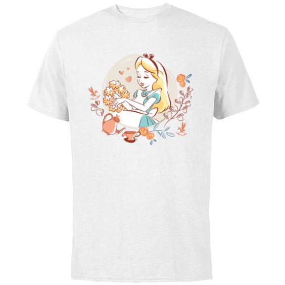 Disney Alice in Wonderland Flower Tea Party Valentine’s Day - Short Sleeve Cotton T-Shirt for Adults - Customized-White