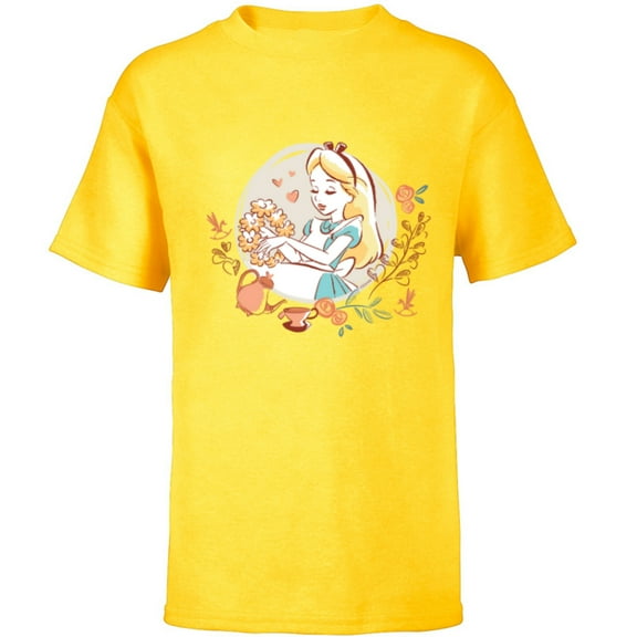Disney Alice in Wonderland Flower Tea Party Valentine’s Day - Short Sleeve T-Shirt for Kids - Customized-Yellow