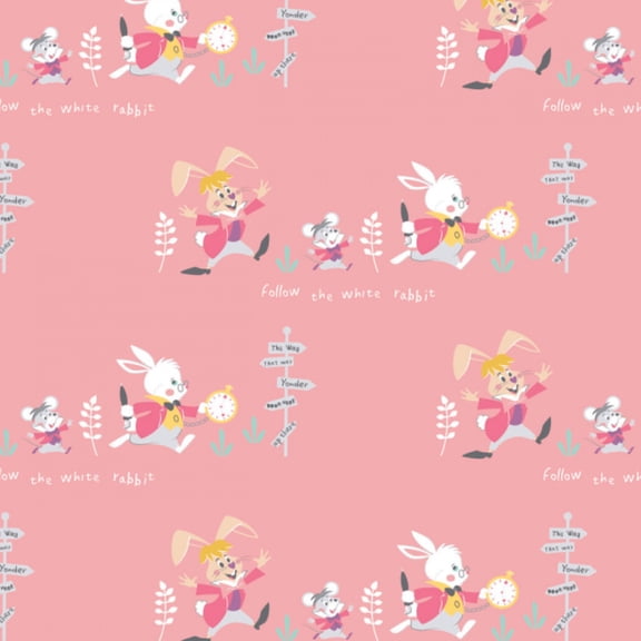 Disney Alice in Wonderland Follow The White Rabbit Pink 100% Cotton Sold by The Yard
