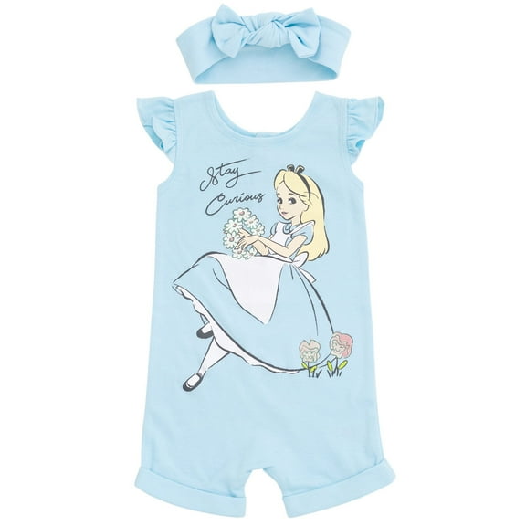 Disney Alice in Wonderland Infant Baby Girls French Terry Romper and Headband Newborn to Toddler