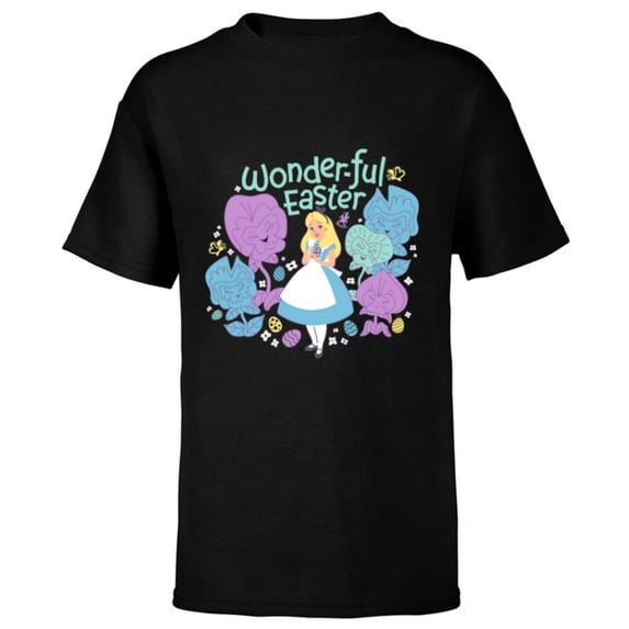 Disney Alice in Wonderland Spring Flowers Wonder-ful Easter - Short Sleeve T-Shirt for Kids - Customized-Black