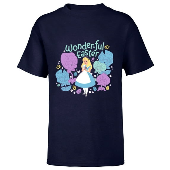 Disney Alice in Wonderland Spring Flowers Wonder-ful Easter - Short Sleeve T-Shirt for Kids - Customized-Navy