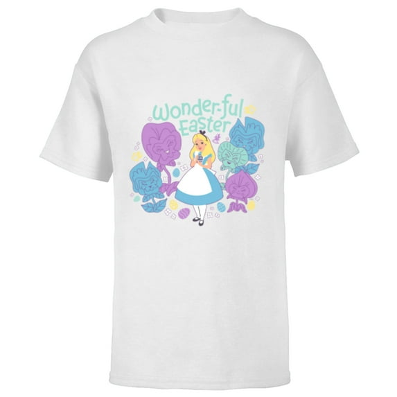 Disney Alice in Wonderland Spring Flowers Wonder-ful Easter - Short Sleeve T-Shirt for Kids - Customized-White