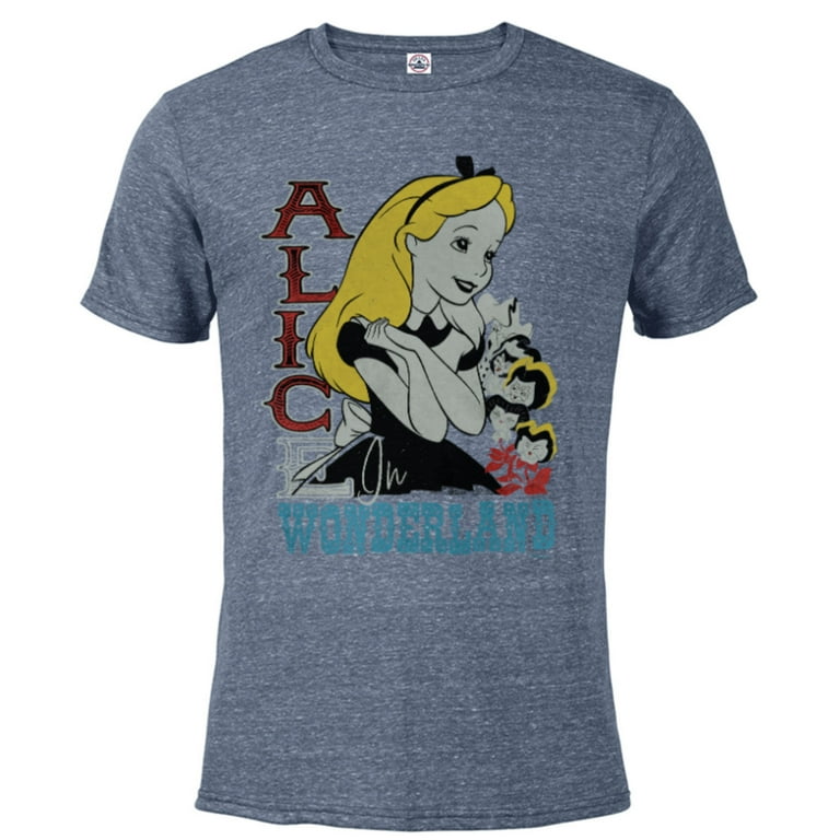 Disney Alice in Wonderland with Flowers Vintage Retro Short Sleeve Blended T Shirt for Adults Customized Denim Snow Heather