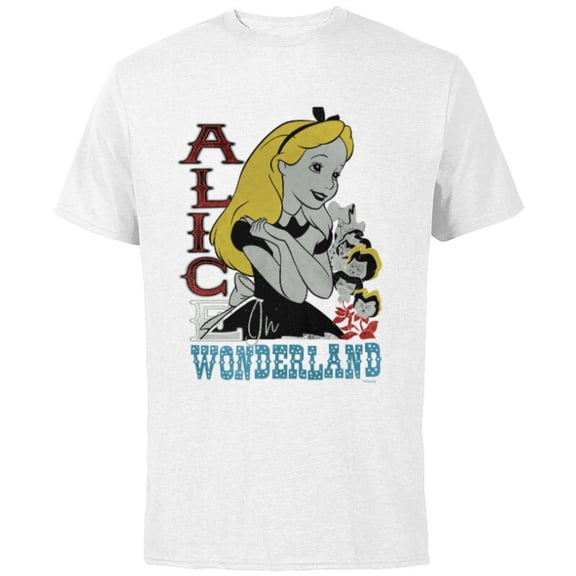 Disney Alice in Wonderland with Flowers Vintage Retro - Short Sleeve Cotton T-Shirt for Adults - Customized-White