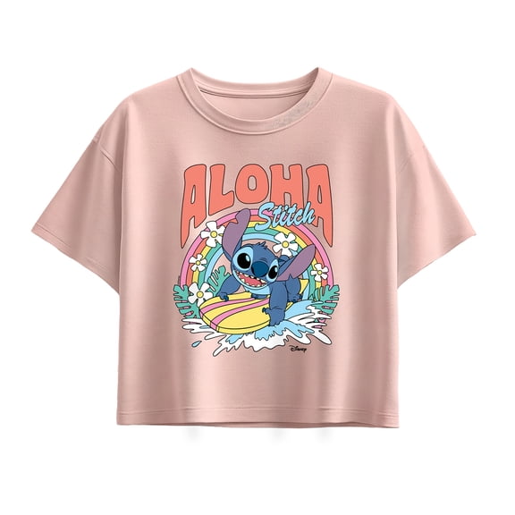 Disney - Aloha Stitch Rainbow Surf - Youth Girl Short Sleeve Boxy Tee