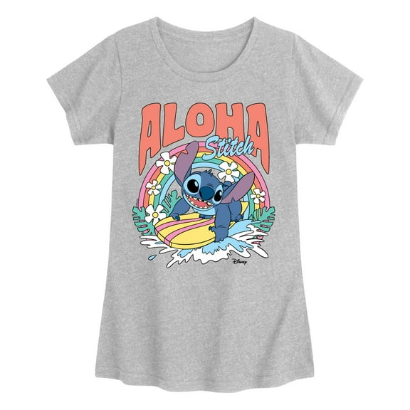 Disney - Aloha Stitch Rainbow Surf- Youth Girls Short Sleeve T-Shirt