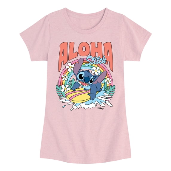 Disney - Aloha Stitch Rainbow Surf- Youth Girls Short Sleeve T-Shirt