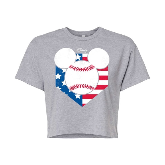 Disney - Americana - Mickey Baseball Flag Diamond - Juniors Cropped Cotton Blend T-Shirt