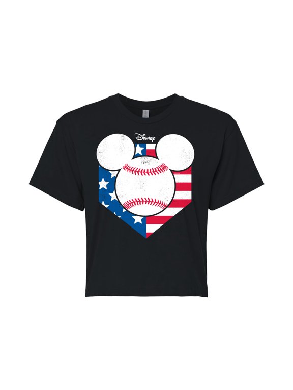 Disney - Americana - Mickey Baseball Flag Diamond - Juniors Cropped Cotton Blend T-Shirt