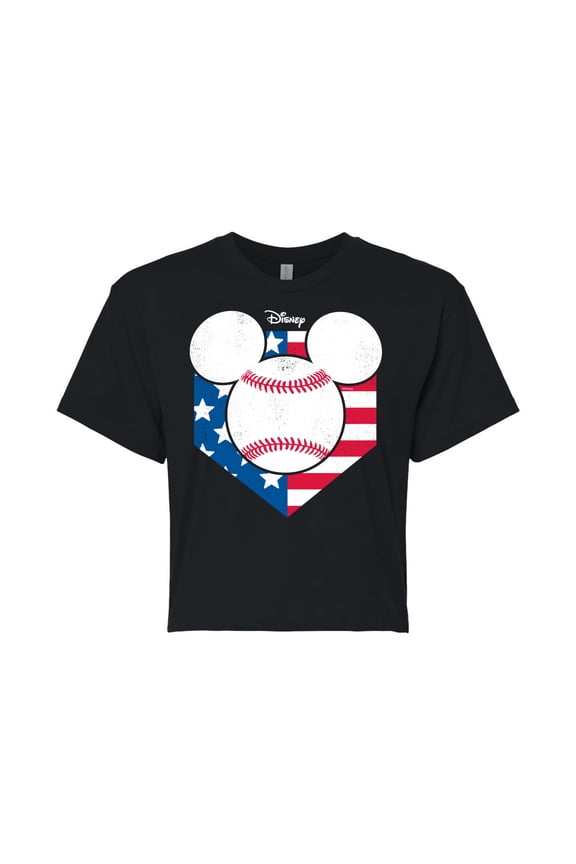 Disney - Americana - Mickey Baseball Flag Diamond - Juniors Cropped Cotton Blend T-Shirt