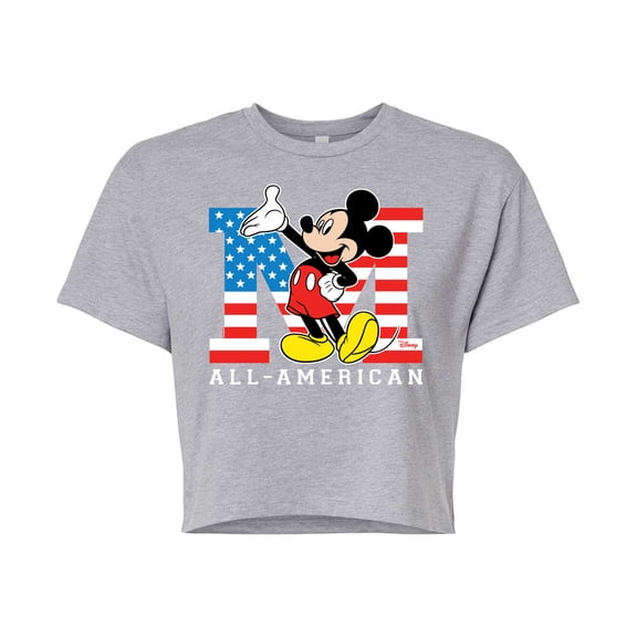 Disney - Americana - Mickey Flag All American - Juniors Cropped Cotton Blend T-Shirt