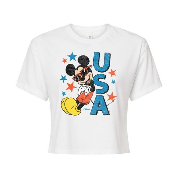 Disney - Americana - Mickey Sunglasses USA  - Juniors Cropped Cotton Blend T-Shirt