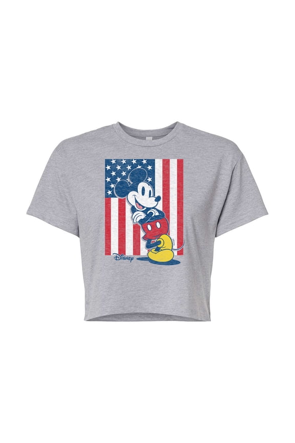 - Americana - Mickey Vertical American Flag - Juniors Cropped Cotton Blend T-Shirt