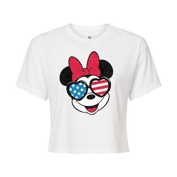 Disney - Americana - Minnie Flag Glasses - Juniors Cropped Cotton Blend T-Shirt