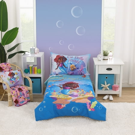 Disney Ariel 3-PC Toddler Bedding, Comforter, Fitted Sheet, Pillowcase, Blue, Lavender, Toddler Girl