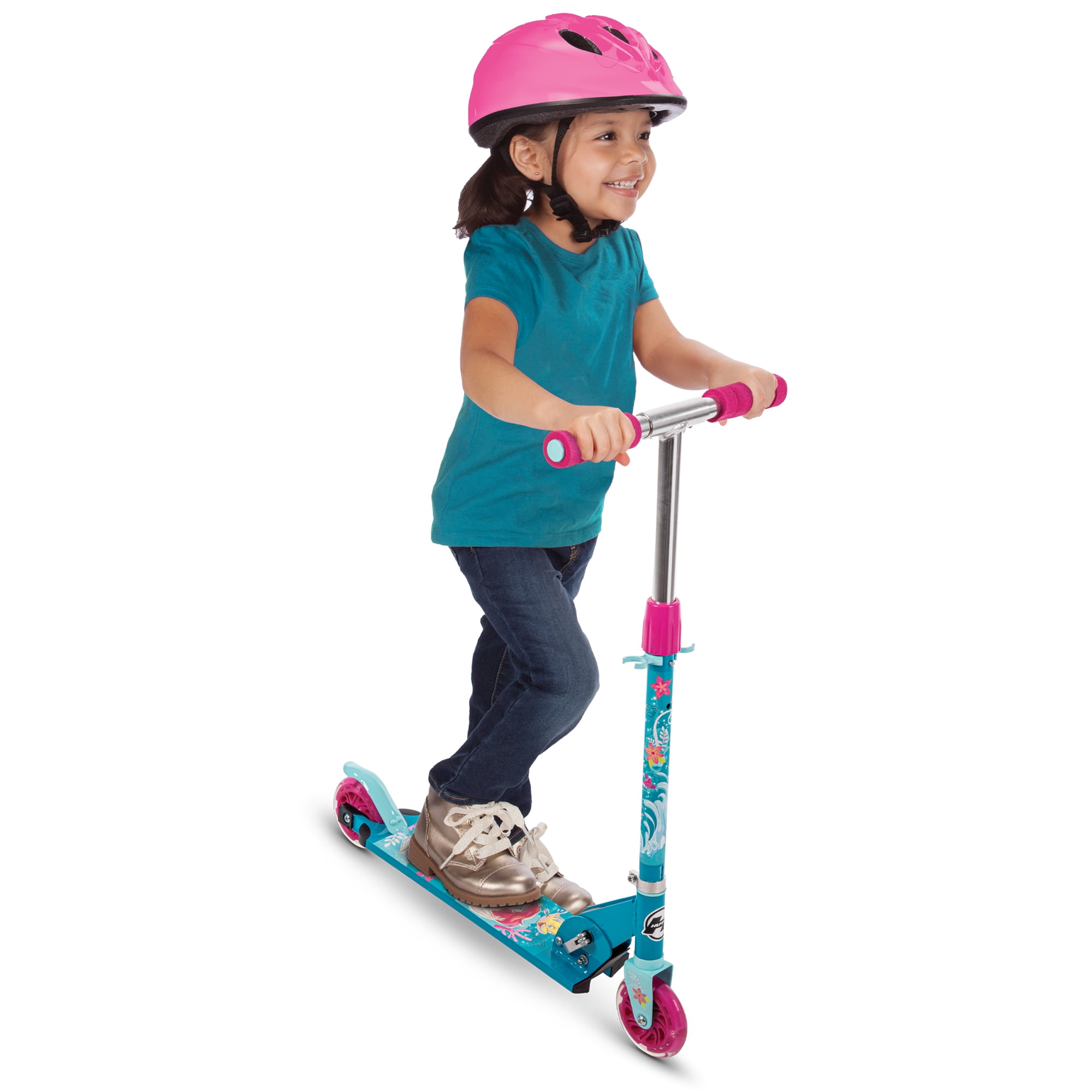 Disney Ariel Girls' Inline Folding Kick Scooter, for Children Ages 5+ Years, by Huffy, Teal