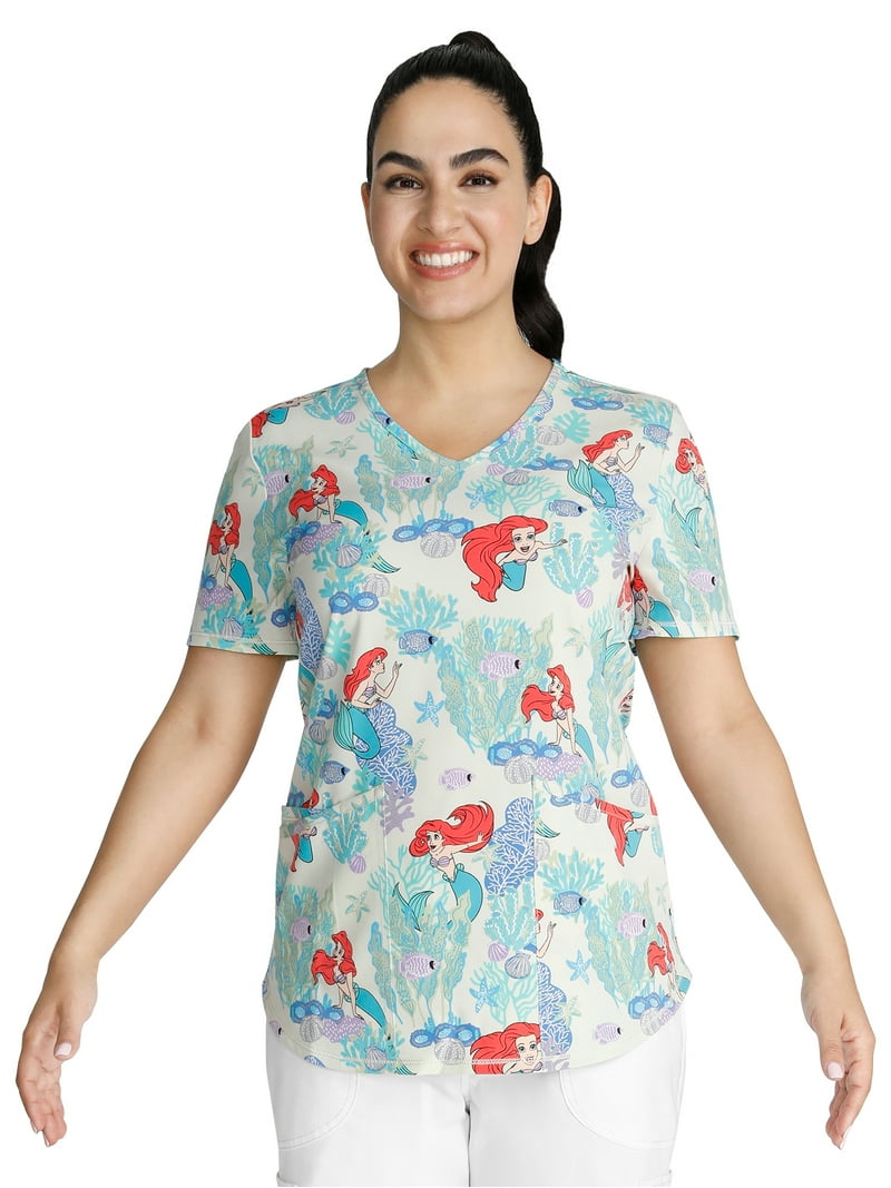 Disney Ariel Seas Women's V-Neck Print Scrub Top​