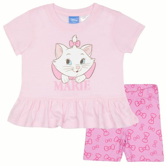Disney Aristocats Marie Girls 2-Piece Ruffle Hem Short Sleeve T-Shirt and Biker Shorts Set for Kids (Sizes 2T-6X)