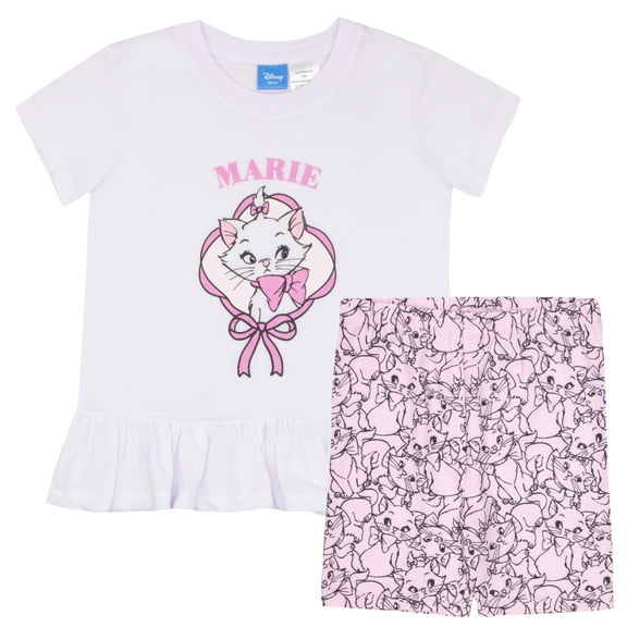 Disney Aristocats Marie Girls 2-Piece Set - Ruffle Hem Short Sleeve Graphic Print T-Shirt and Biker Shorts - Summer Outfit for Kids (Sizes 4-6X)