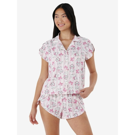 Disney Aristocats Women's Valentine's Day Notch Collar Top and Shorts, 2 Piece Pajama Set, Sizes XS-3X