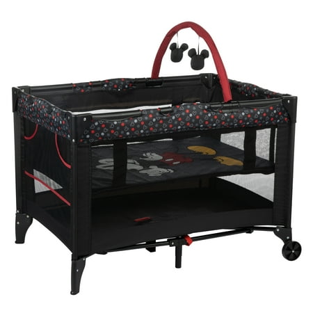 Disney Baby 3D Ultra Play Yard with Bassinet, Toy Bar & Carry Bag – Modern Mickey – Portable Baby Playpen & Travel Crib