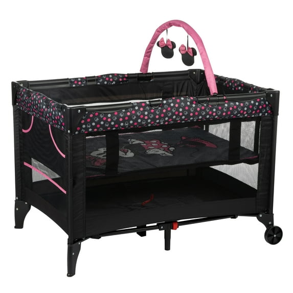 Disney Baby 3D Ultra Play Yard with Bassinet, Toy Bar & Carry Bag – Modern Minnie – Portable Infant Playpen & Travel Crib