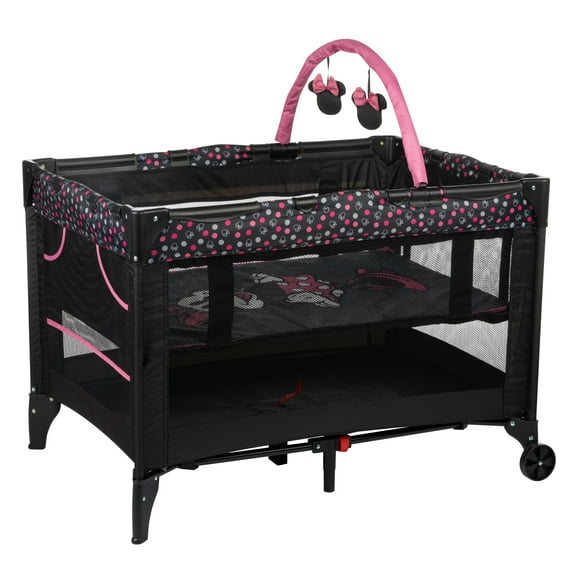 Disney Baby 3D Ultra Play Yard with Bassinet, Toy Bar & Carry Bag – Modern Minnie – Portable Infant Playpen & Travel Crib