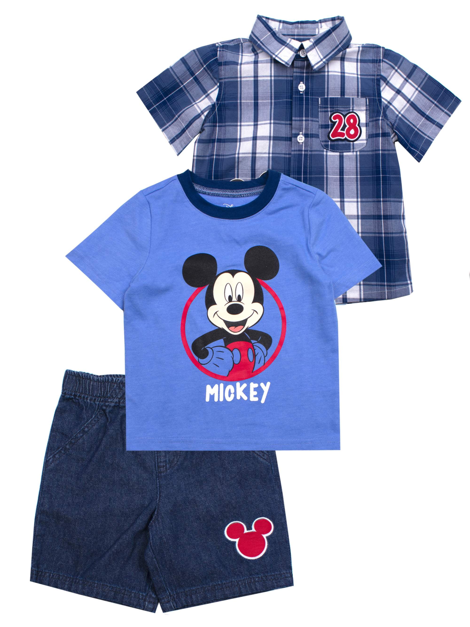 Disney Baby Boy Buttonup Top, Tshirt & Shorts, 3pc Outfit Set