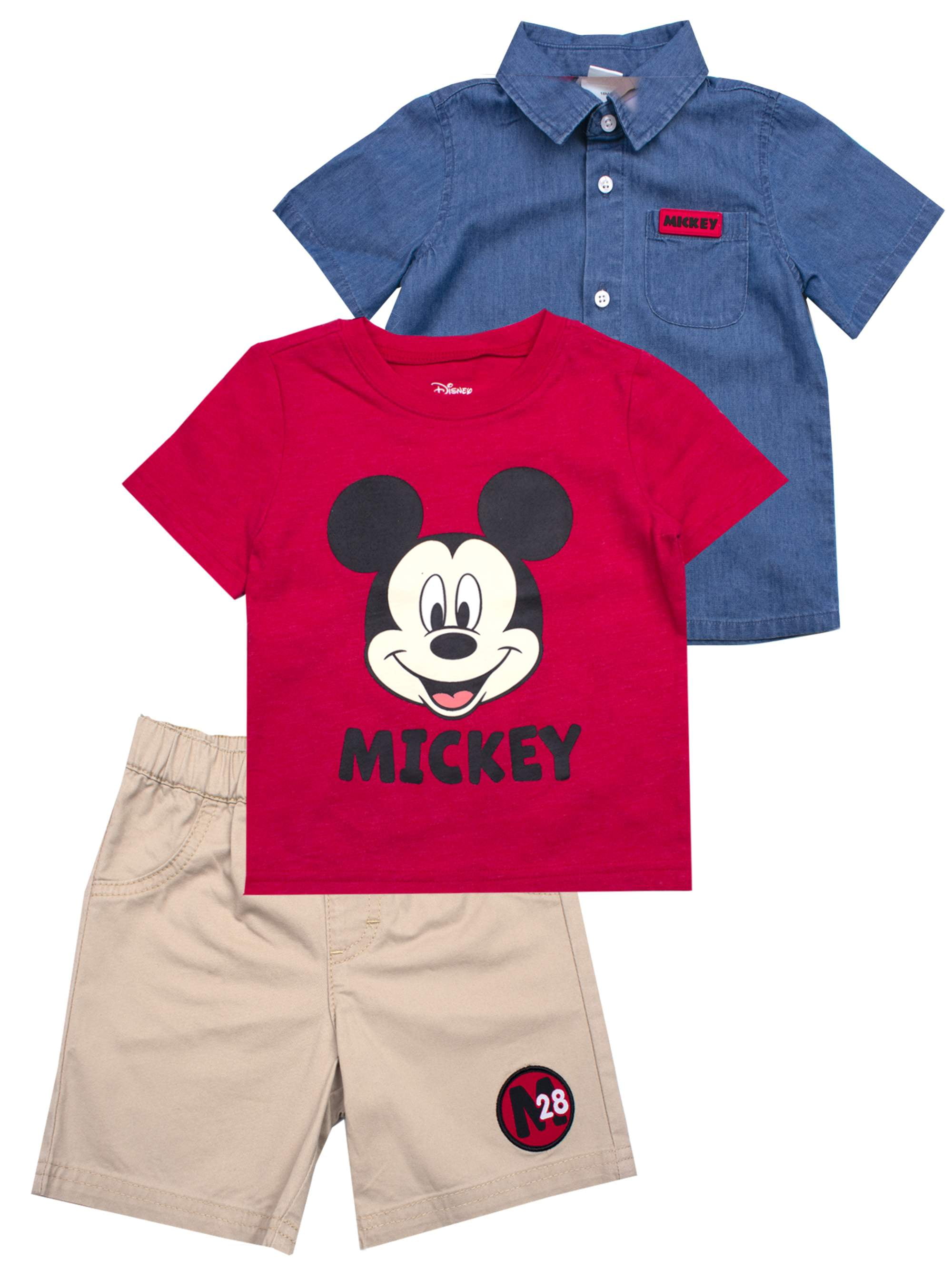 Disney Baby Boy Buttonup Top, Tshirt & Shorts, 3pc Outfit Set