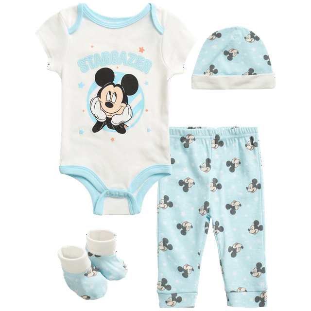 Disney Baby Boys 4 Piece Mickey Mouse Layette Set Hat Booties Pants