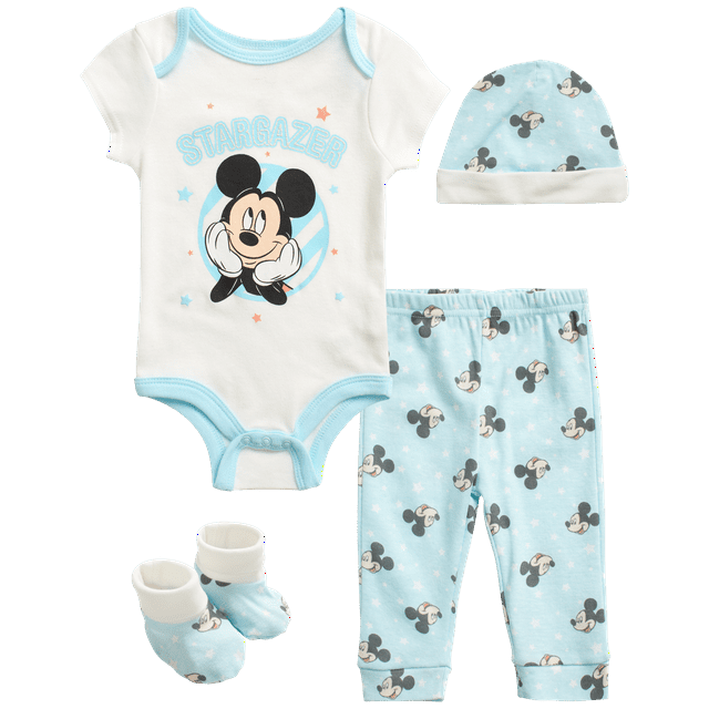 Disney Baby Boys’ 4 Piece Mickey Mouse Layette Set Hat, Booties, Pants