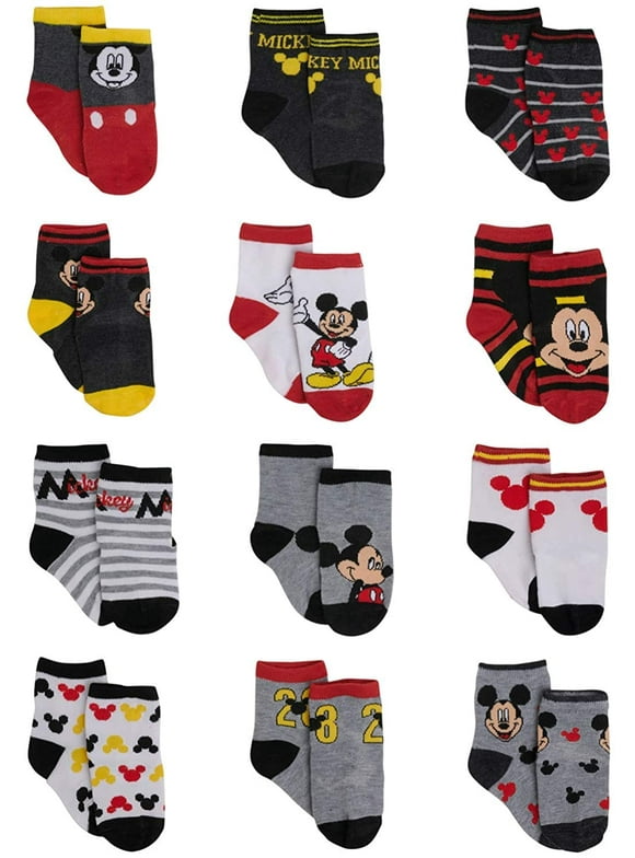 Disney Baby Boys Mickey Mouse Assorted Color Design 12 Pair Socks Set, Age 0-24 Months