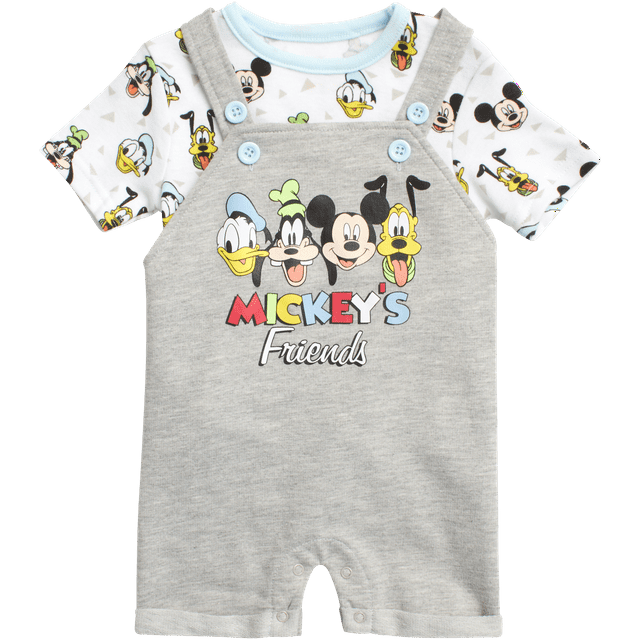 Disney Baby Boys’ Mickey Mouse Overall Romper Set 2 Piece Shortalls and TShirt (09M