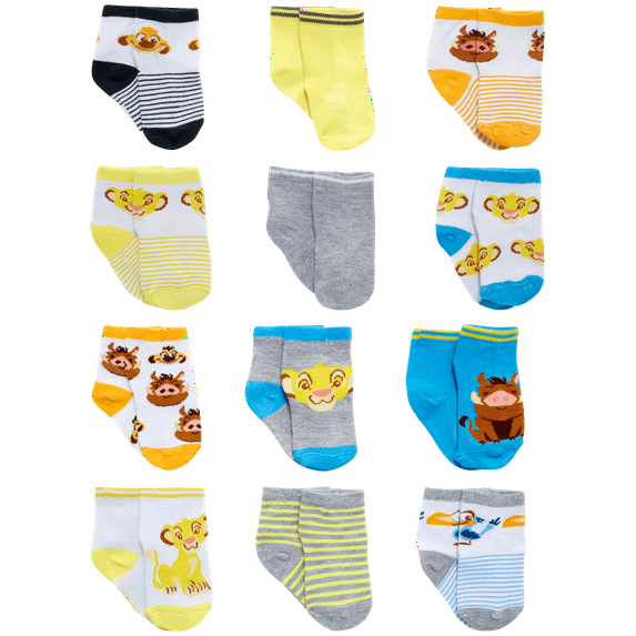 Disney Baby Boys’ Socks - 12 Pack Mickey Mouse, Winnie The Pooh, Lion King, Toy Story (Newborn/Infant)