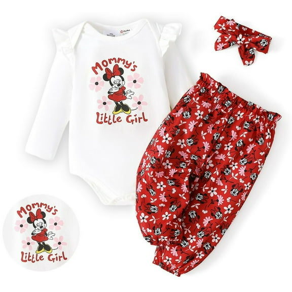Disney Baby Clothes 3pcs Minnie Graphic Romper Bodysuit Floral Pants Outfit Set with Headband Gifts Newborn Infant
