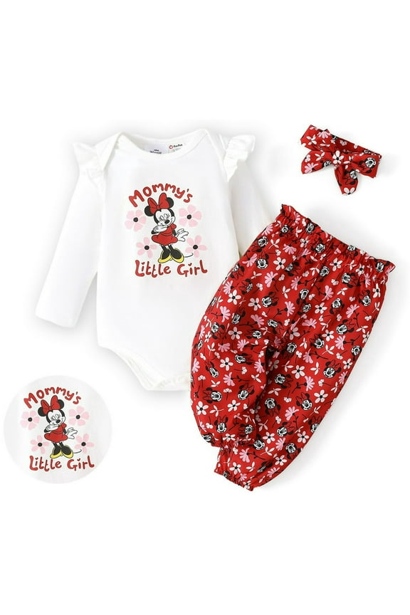 Baby Clothes 3pcs Minnie Graphic Romper Bodysuit Floral Pants Outfit Set with Headband Gifts Newborn Infant