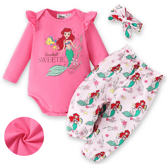 Disney Baby Clothes 3pcs Princess Ariel Graphic Romper Bodysuit Pants Outfit Set with Headband Shower Gifts Newborn Infant