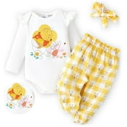 Disney Baby Clothes 3pcs Winnie the Pooh Graphic Romper Bodysuit Pants Outfit Set with Headband Shower Gifts Newborn Infant