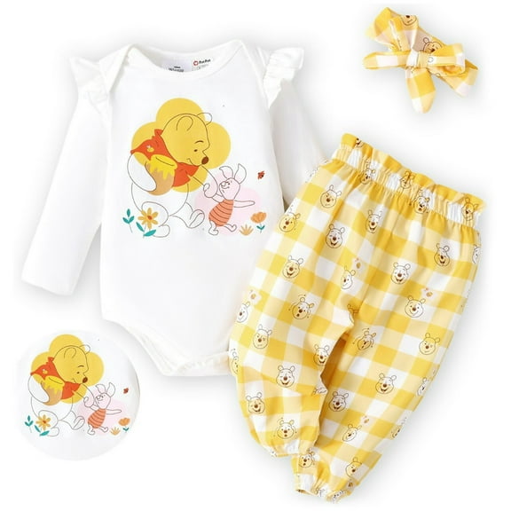 Disney Baby Clothes 3pcs Winnie the Pooh Graphic Romper Bodysuit Pants Outfit Set with Headband Shower Gifts Newborn Infant