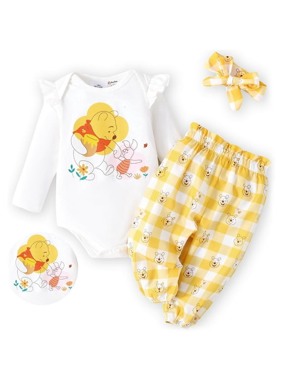 Baby Clothes 3pcs Winnie the Pooh Graphic Romper Bodysuit Pants Outfit Set with Headband Shower Gifts Newborn Infant