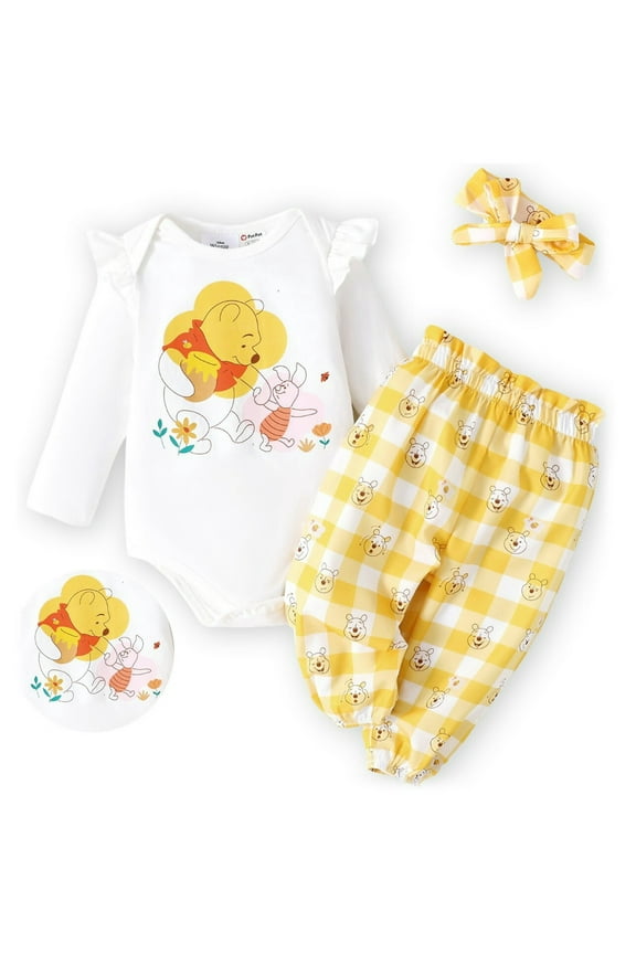 Baby Clothes 3pcs Winnie the Pooh Graphic Romper Bodysuit Pants Outfit Set with Headband Shower Gifts Newborn Infant
