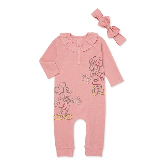 Disney Baby Girl Mickey and Minnie Romper with Headband Set, 2-Piece, Sizes 0/3 M-12M