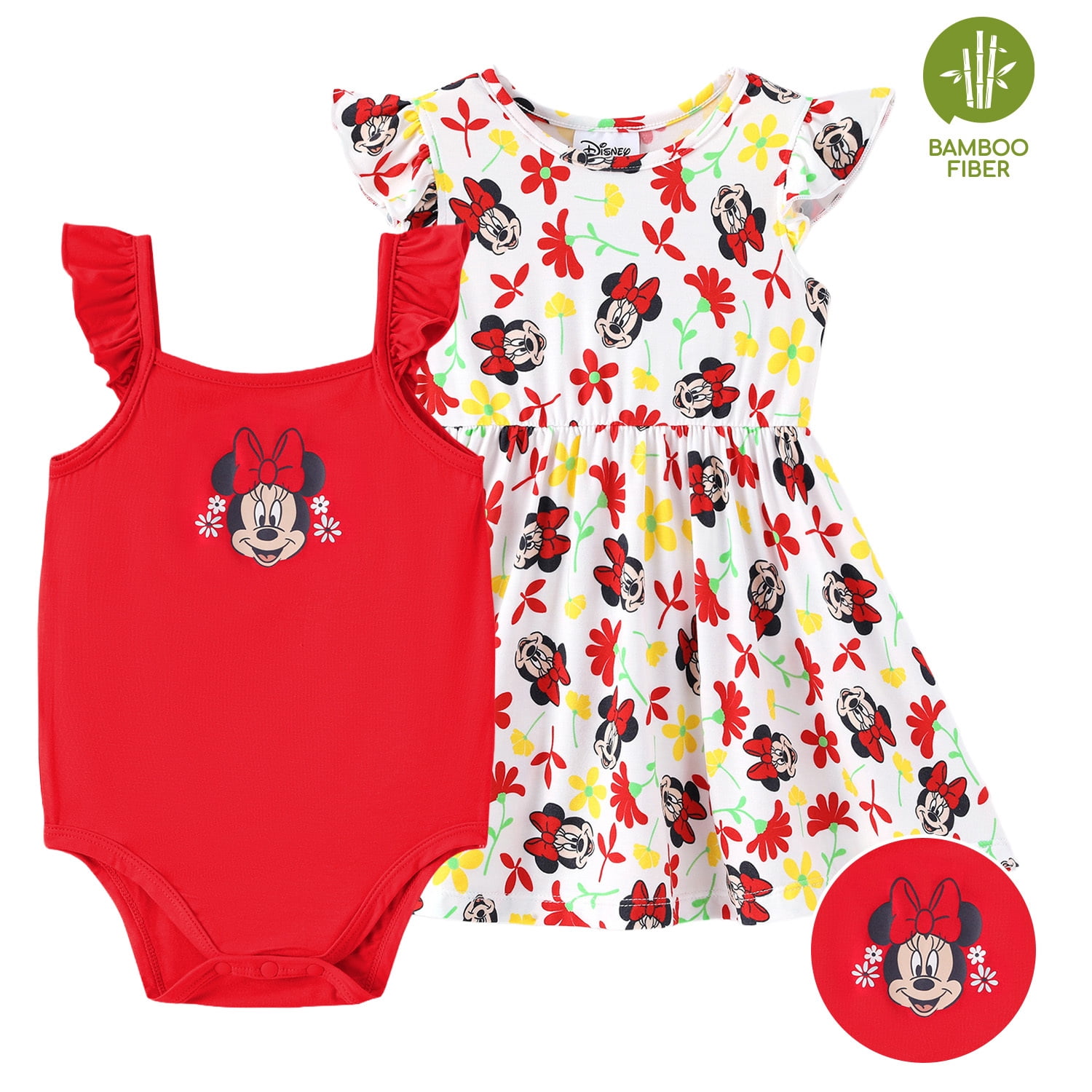 Disney Baby Girls Clothes Bamboo Viscose Minnie Mouse Floral Dress and Graphic One-Piece Romper 2 Pack Outfit Shower Gift Infant 6-9 Months