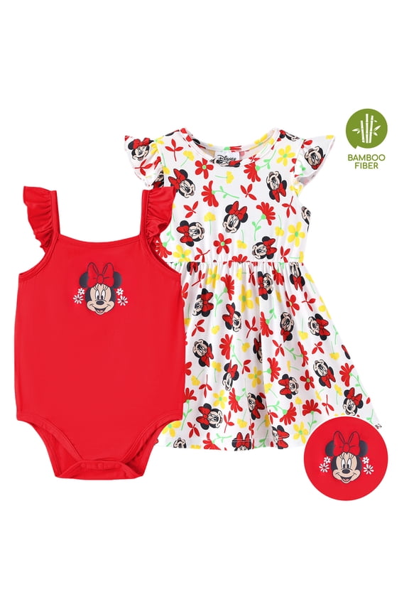 Baby Girls Clothes Bamboo Viscose Minnie Mouse Floral Dress and Graphic One-Piece Romper 2 Pack Outfit Shower Gift Infant Toddler18-24 Months
